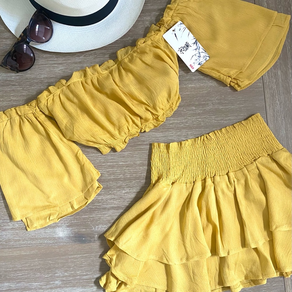 Isla Posh Summer Mini Skirt Off Shoulder Top Set in Mustard